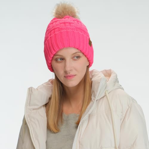 C.C Knit Beanie Hat – Fuzzy Fleece Lined Warm Winter Hat, Faux Fur Pom Soft Stretchy Slouchy Knit Cap, Cold Weather Beanie - color: Candy Pink