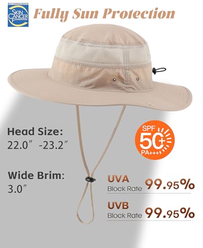 Connectyle UPF 50+ Wide Brim Sun Hat for Men Breathable Cowboy Boonie Hats Outdoor Bucket Hat for Fishing Hiking Safari - color: Light Khaki