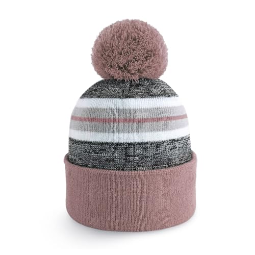 Pom Pom Beanie Cuffed Knit Winter Hat Skull Cap Striped Novelty Men Women - color: (Dusty Rose)