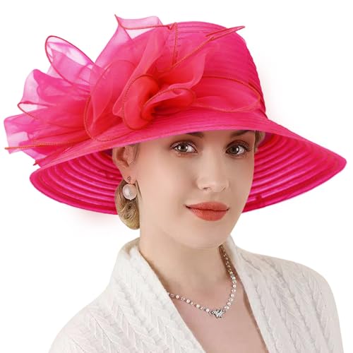 DRESHOW Lady Derby Dress Church Bowler Cloche Hat Bowknot Organza Bridal Cap for Wedding - color: 1 Pack Bowler Hat: Rose