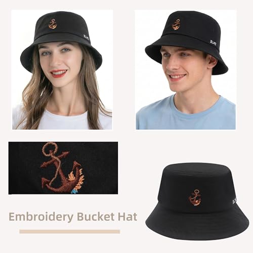 ZLYC Cotton Bucket Hat for Women Men Embroidered Packable Summer Sun Cap - color: Anchor Black