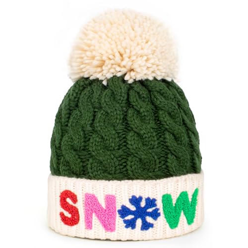 Christmas Merry Beanie for Women Winter Crochet Hat Chunky Cable Knit Pompom Santa Hat - color: Green-snow