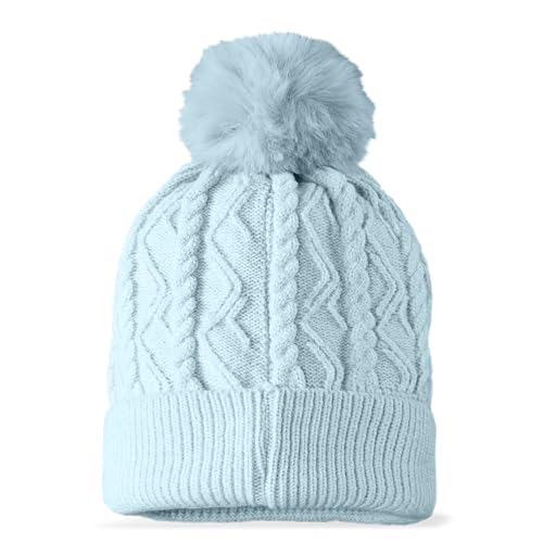 DALIX Cable Knit Pom Beanie Soft Stretch Skully Warm Fuzzy Faux Sherpa Winter Ski Beanie - color: Light Blue