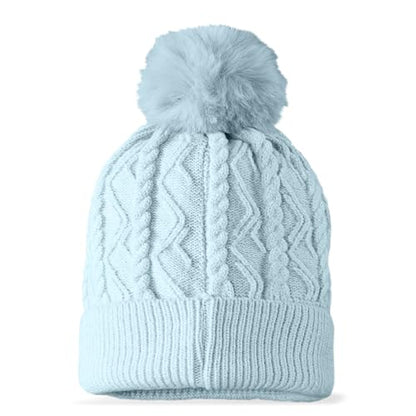 DALIX Cable Knit Pom Beanie Soft Stretch Skully Warm Fuzzy Faux Sherpa Winter Ski Beanie - color: Light Blue