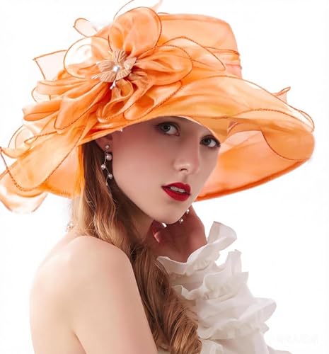 ORIDOOR Women’s Organza Church Tea Party Wedding Fascinator Derby Hat Wide Brim Sun Hats - color: C7-orange