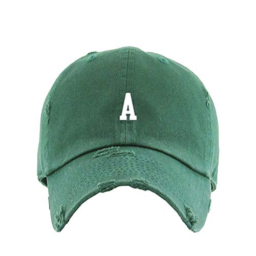 A Initial Letter Vintage Baseball Cap Embroidered Cotton Adjustable Distressed Dad Hat - color: Hunter Green