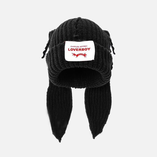 Knitted Beanie Hat Cute Rabbit Long Ears Fun Caps Fluffy Winter Warm Knitted Rabbit Hats Outdoor Slotty Cap - color: Blackb