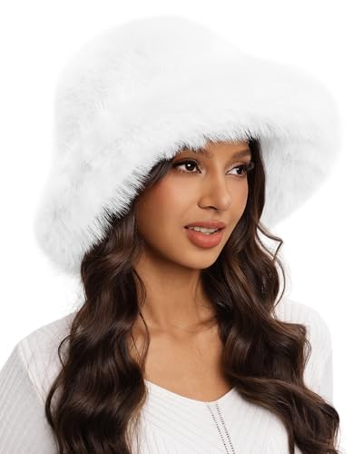 Women's Oversized Faux Fur Bucket Hat, Fluffy Plush Fuzzy Winter Warm Hat - color: White