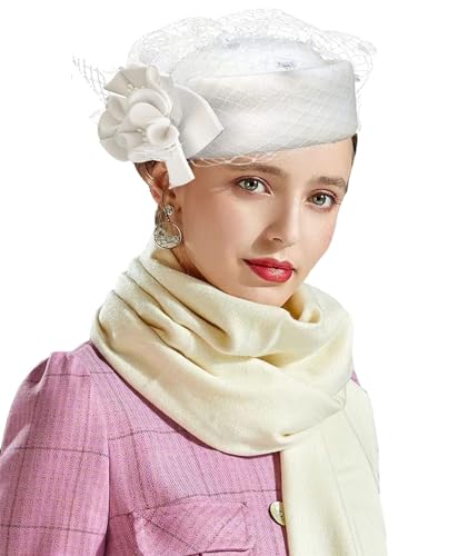 ORIDOOR Women's British Style Pillbox Church Derby Wedding Winter Vintage Fascinator Beret 100% Wool Felt Veil Hat - color: 02b-white