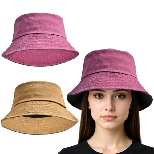 2 Packs Washed Cotton Bucket Hat, Vintage Wide Brim Sun Hat, Unisex Casual Fisherman Hat for Men Women - color: 2pcs 17