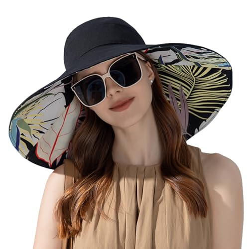Women Summer Rain UV UPF 50 Sun Protection Wide Brim Hat - Foldable Bucket Sun Hat - color: Black Floral Print (Double-sided)