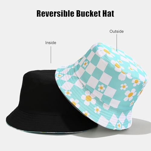 Bucket Hat for Women Men, Cotton Reversible Double Side Wear Sun Hats Beach Fisherman Hat - color: Small Checkered Flowers Blue