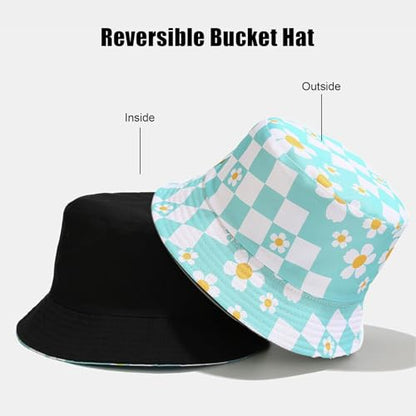Bucket Hat for Women Men, Cotton Reversible Double Side Wear Sun Hats Beach Fisherman Hat - color: Small Checkered Flowers Blue