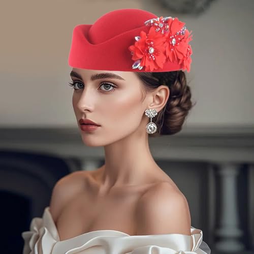 Women Vintage Church Hat Applique Felt Pillbox Hat Fascinator Tea Party Cap - color: Z1-red