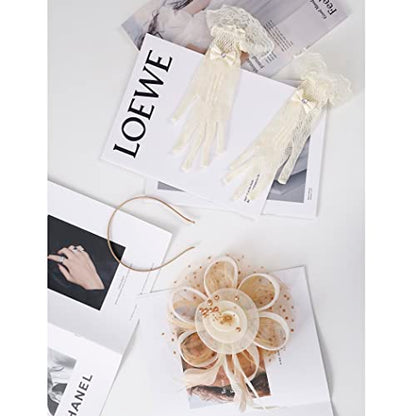 Fascinators Hat Clip Hat Wedding Cocktail Tea Party Headwear and Short Lace Bowknot Gloves for Women - color: Beige & Brown