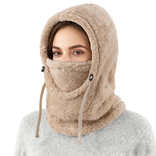 Connectyle Balaclava Hood Winter Hat for Men & Women Windproof One-Piece Fleece Hooded Scarf Ski Mask Cold Weather Hat - color: Beige