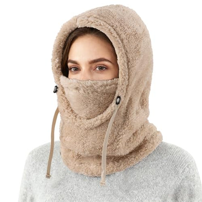 Connectyle Balaclava Hood Winter Hat for Men & Women Windproof One-Piece Fleece Hooded Scarf Ski Mask Cold Weather Hat - color: Beige