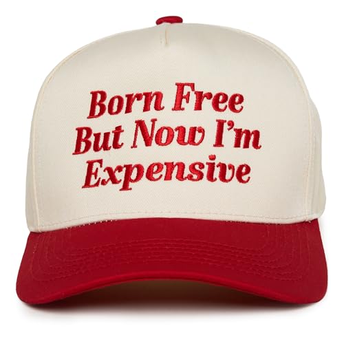 Funky Junque Adult Trucker Snapback Hat 2-Tone Baseball Cap - color: Born Free But Now I'm Expensive - Red/Beige