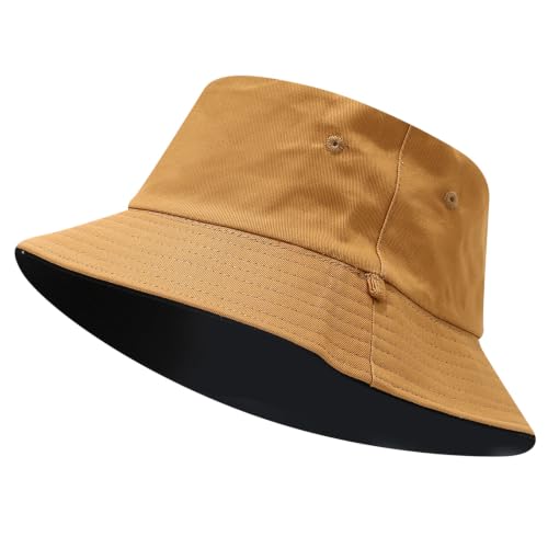 XXL Oversized Reversible Bucket Hat Beach Fisherman Sun Cap with Chin Strap for Women Men - color: Dark Khaki Black