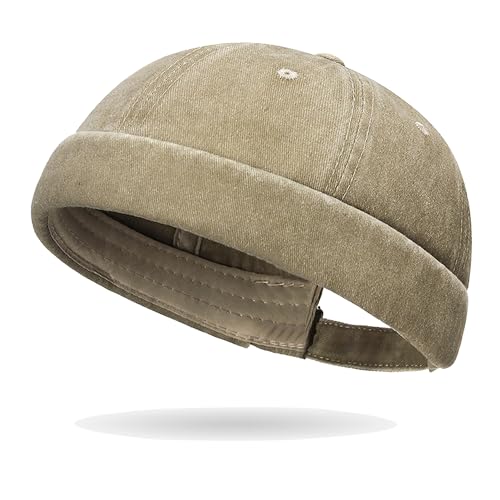 Sailor Brimless Skull Hat, Washed Cotton Docker Hat for Men Vintage - color: Khaki