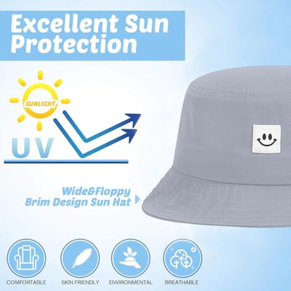 Kids Sun Hat Smile Face Bucket Hat for Girls Boys Summer Sun Protection Cotton Unisex Beach Cap - color: Grey