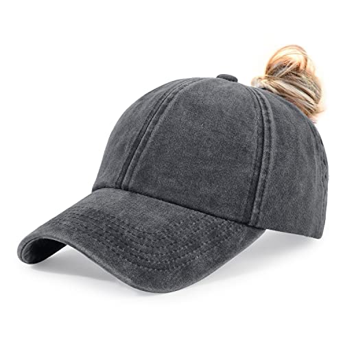 HH HOFNEN Ponytail Hat for Women Washed Distressed Baseball Cap Ponycaps - color: #1 Black