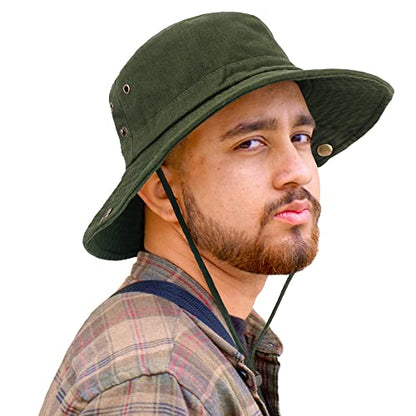 Unisex Cotton Boonie Hat Summer Fishing Bucket Hat Sun Hat with String - color: Solid Army Green
