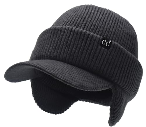 C.C Beanie Strechy Snug Fit Soft Knit Hat with Visor Brim & Ear Warmer Flaps - color: Slate Grey
