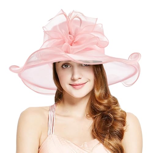 2026 Derby Hat, Classy Sun Hats for Women Ladies, Organza Feather Kentucky Fascinator for Tea Party Church UV Protection - color: 4570-pink