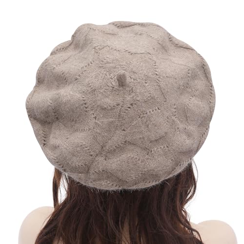ZLYC Women French Beret Hat Reversible Solid Color Knit Warm Artist Cap - color: Cable Pattern Tan