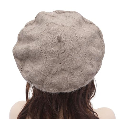 ZLYC Women French Beret Hat Reversible Solid Color Knit Warm Artist Cap - color: Cable Pattern Tan