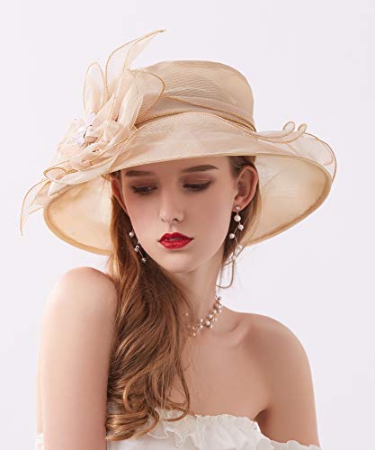 Organza Fascinator Hat - Women’s Wide Brim Church Bridal Tea Party Wedding Hat - color: 02a-lightgold
