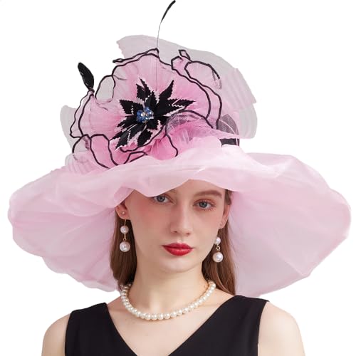 Kentucky Organza Derby Top Hats for Women Sun Visor Cap Ladies Flowers Bride Weeding Fascinators Wide Brim Fedoras - color: Pink 3