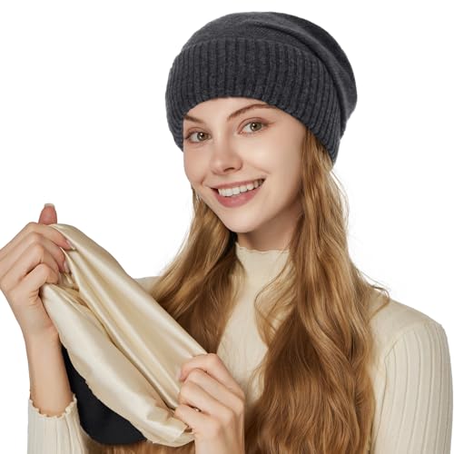Facecozy Satin Lined Beanie for Women Soft Satin Lining Slouchy Winter Hats - color: Dark Grey