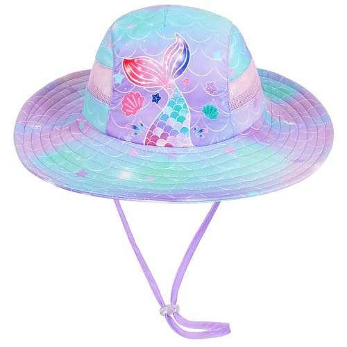 ICOSY Sun Hat for Kids Girls, UPF 50+ Wide Brim Beach Hat for Toddler - color: Purple Mermaid
