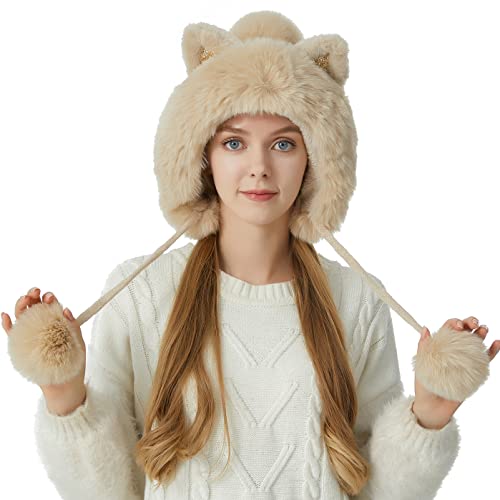 HUAMULAN Women Winter Sherpa Knit Beanie Hat Fleece Lined Ear Flaps - color: Beige Solid