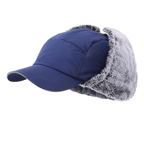 Home Prefer Waterproof Mens Faux Fur Trooper Trapper Hat Hunting Warm Winter Hat with Ear Flaps Visor Face Mask - color: Navy Blue