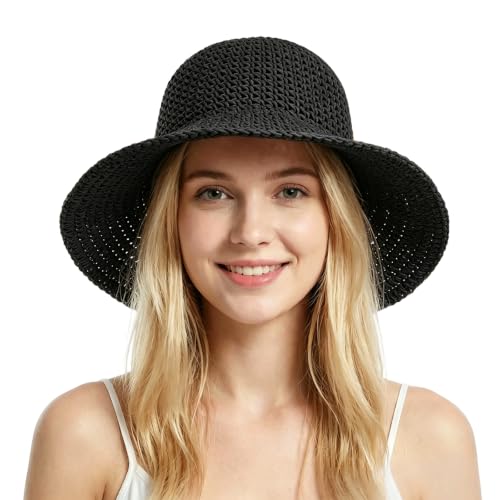 Straw Beach Sun Hats for Women Foldable Floppy Wide Brim Summer Travel Straw Sun Hat Packable Straw Bucket Hat - color: Black