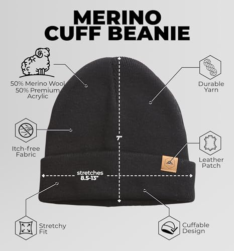 Tough Headwear Merino Wool Beanie - Moisture Wicking Winter Hats for Women - Stretchy Mens Beanie - Breathable Wool Hat - color: Black