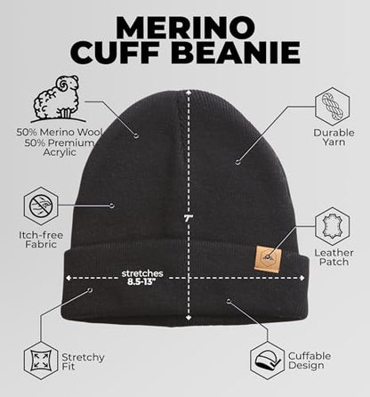 Tough Headwear Merino Wool Beanie - Moisture Wicking Winter Hats for Women - Stretchy Mens Beanie - Breathable Wool Hat - color: Black