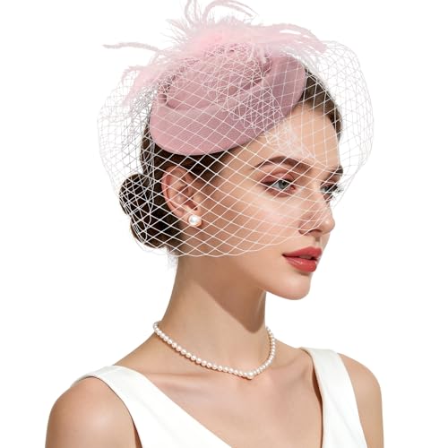 Fascinator Hat Veil Feather Fascinator Tea Party Bridal Wedding Veil Retro Hat Pillbox Hat - color: Pink