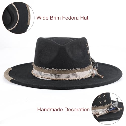 Big Brim Fedora Mens Women Boho Hat Handmade Dress Up Hats - color: 2black