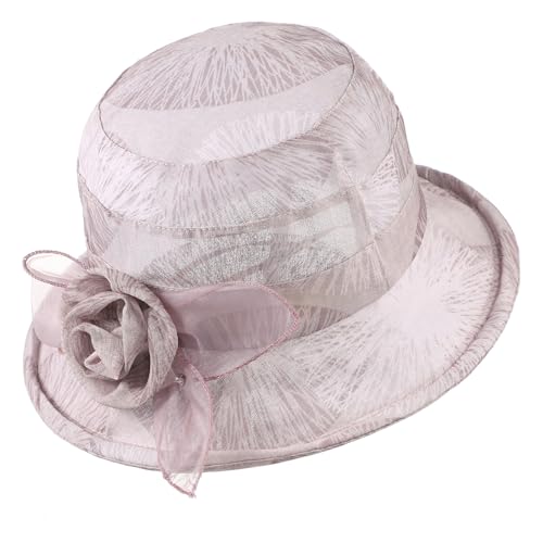 Women Flower Bowler Sun Hat Wide Brim Cloche Bucket Hat Foldable Breathable Wedding Church Tea Party Fascinator - color: Pink