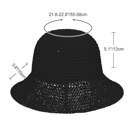 Womens Sun Hat Handmade Crochet Straw Bucket for Summer Foldable Travel Cap - color: Black