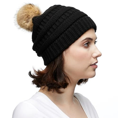 C.C Fur Pom Winter Fall Trendy Chunky Stretchy Cable Knit Beanie Hat - color: Solid Black