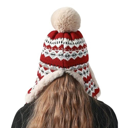 haozaikeji Women Winter Trapper Hat Faux Fur Knit Beanie Hat Thermal Earflap Outdoor Cap Pompom Hats Ushanka Hats - color: Red