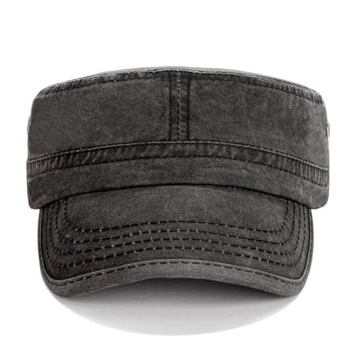 Army Cadet Cap for Men Women Washed Cotton Adjustable Flat Top Hats, Vintage Baseball Caps - color: Black 2