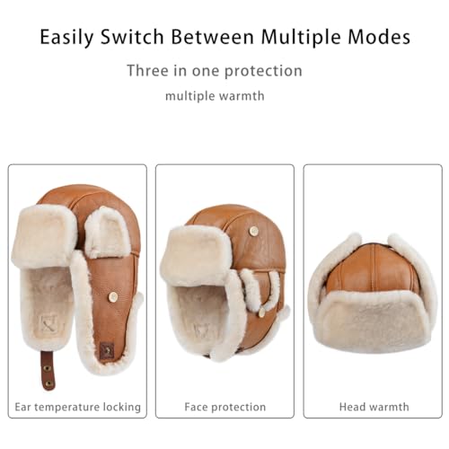 Harssidanzar Aviator Hat for Men Women Genuine Sheepskin Shearling Leather Winter Warm Trapper Hat CU603US - color: Cognac, size: Small