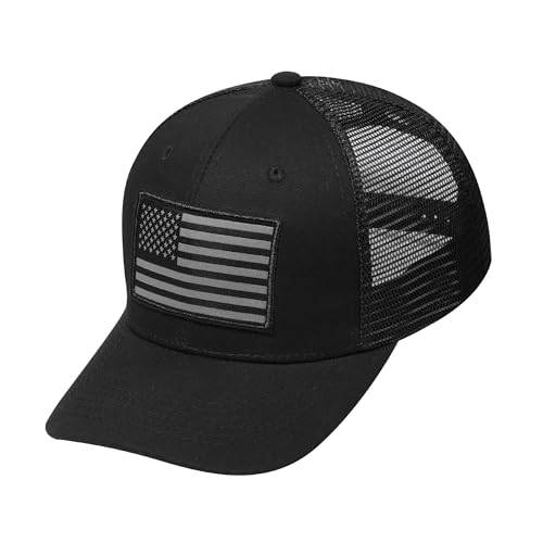American Flag Trucker Hat, Patriotic Baseball Cap for Men & Women, Breathable Mesh Adjustable Snapback, USA Flag Patch - color: Black/Black