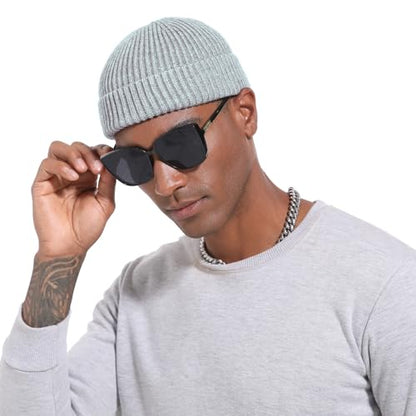 ROYBENS Swag Wool Knit Cuff Short Fisherman Beanie for Men Women Winter Hat - color: 1pcs-flower Gray